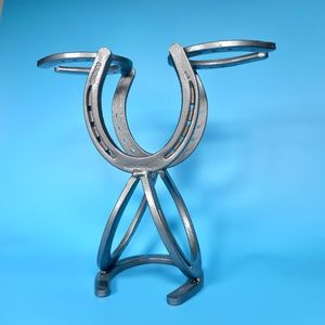 Horseshoe Wine Champagne Rack Art Sculpture for 2 Bottles 2 Glasses Western NEW